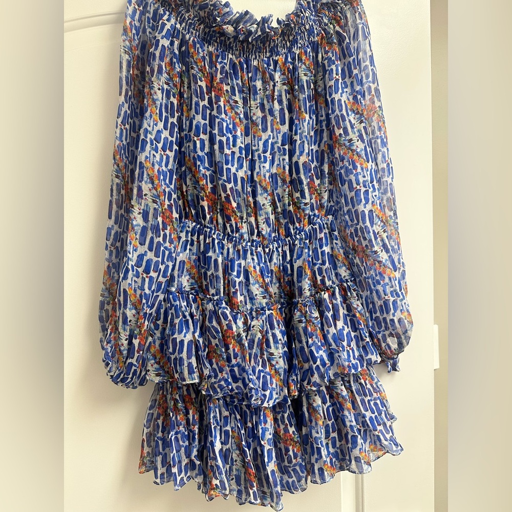 Caroline Constas Off Shoulder Blue and White Patterned Mini Dress